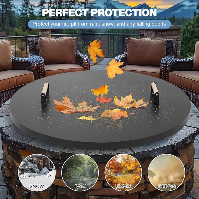 Fire Pit Lid Round 36", Heat Resistant Metal Firepit Cover with 2 Wooden Handles for Round Patio Fire Pit, Compatible for Firepits Inside Dia Up to 34"