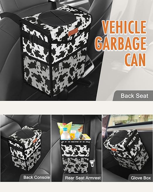 Car Trash Can with Lid, Cute Leakproof Car Trash Garbage Bag Hanging Vehicle Trash Bin Small Portable Automotive Garbage Cans Organizer for Back/Front Seat/Console(Trapezoid,Cow Print)