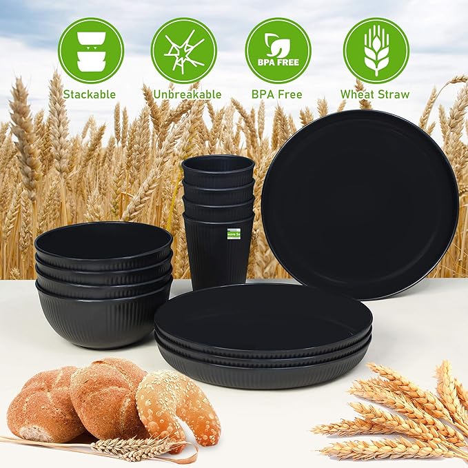 Wheat Straw Dinnerware Sets, Kitchen Unbreakable Wheat Straw Plates and Bowls Sets for College Dorm Apartment Reusable Black