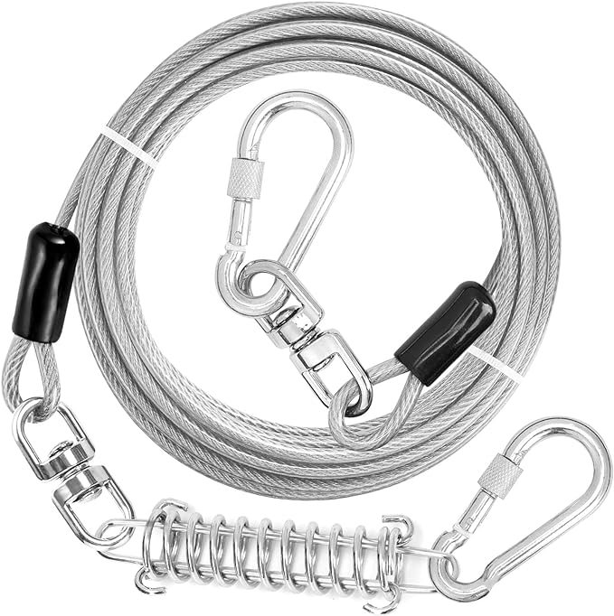 jenico Dog Tie Out Cable, 10/15/20/30/40/50/70/100/150FT Dog Runner Cable with Swivel Hook and Shock Spring, Dog Leash Run Tether for Yard Outdoor and Camping,for Small to Medium Pets Up to 500 LBS