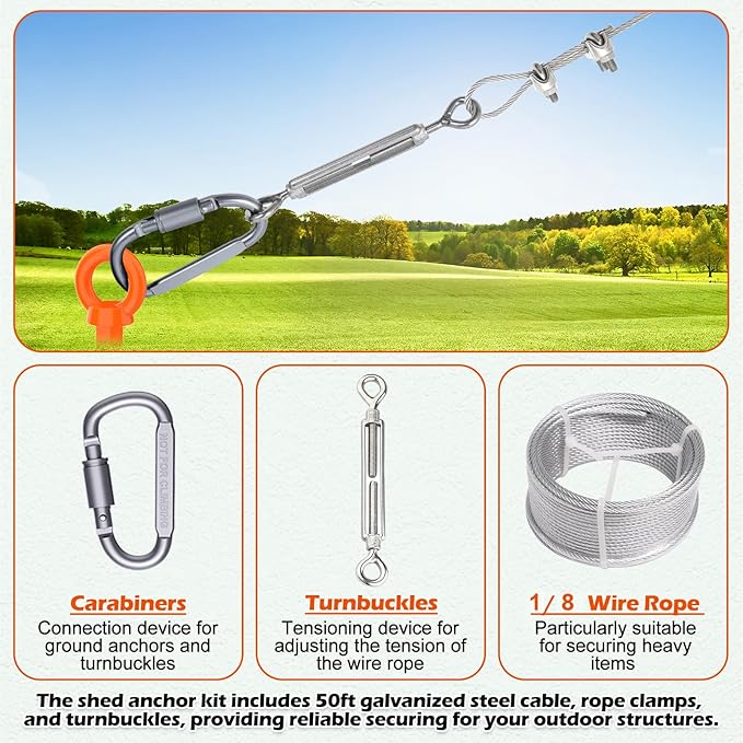 4 Pack 18" Fully Welded Ground Anchors Shed Anchor Kit with 1/8" Galvanized Cable, Heavy Duty Earth Anchors High Wind Screw in for Trampoline Swingset Tent Greenhouses (Orange)