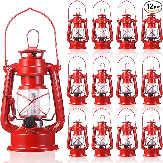 Hortsun 12 Pcs 8 Inch Vintage LED Hurricane Lantern Metal Red Outdoor Battery Operated Hanging Lantern with Warm LEDs and Dimmer Switch for Indoor Rustic Farmhouse Country Camping Decor