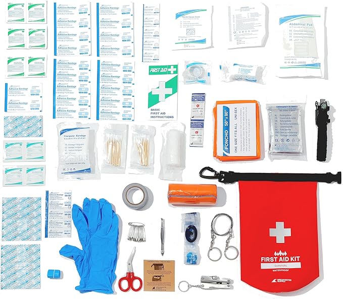 Breakwater Supply™ Waterproof First Aid Kit Dry Bag Bug Out Bag Preloaded with Emergency Survival Prepper Supplies for Boating, Camping, Fishing + Carabiner, Floating, Reflective, AFAK/IFAK Trauma Kit