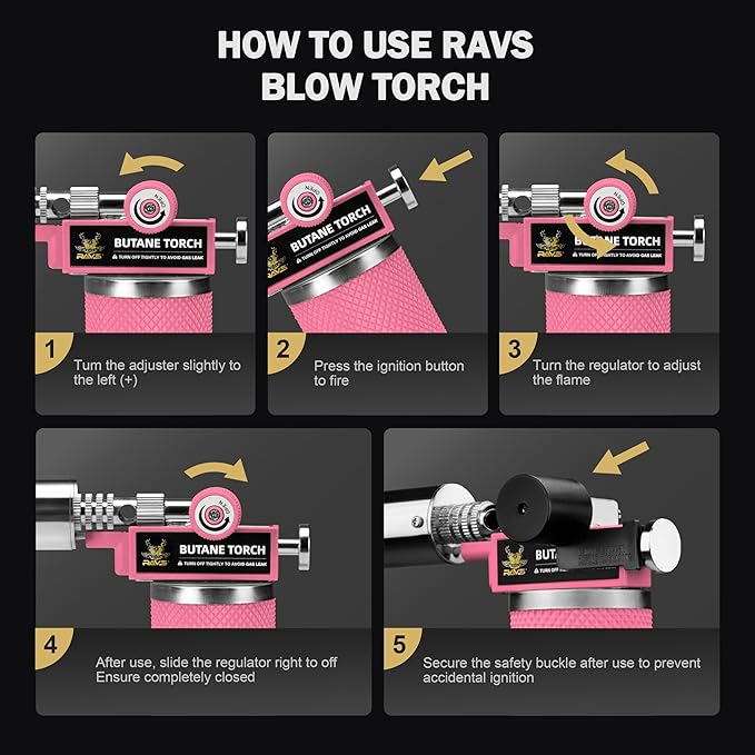 RAVS Butane Torch, Kitchen Torch Lighter for Creme Brulee with Adjustable Flame, Cooking Torch for Baking, BBQ, Desserts, Metal Mini Torch with Safety Buckle, Pink (Butane Not Included)