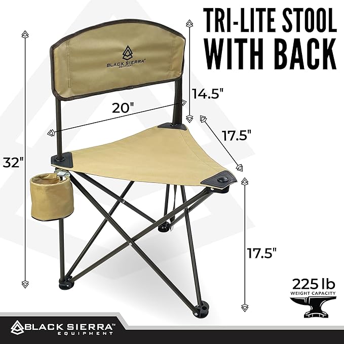 Black Sierra XL Tripod Hunting Stool w/Backrest, Lightweight Portable Fishing Chair w/Cupholder and Carry Strap, Supports 225 Lbs, Portable Outdoor Chair for Hunting, Camping, Travel, Hiking