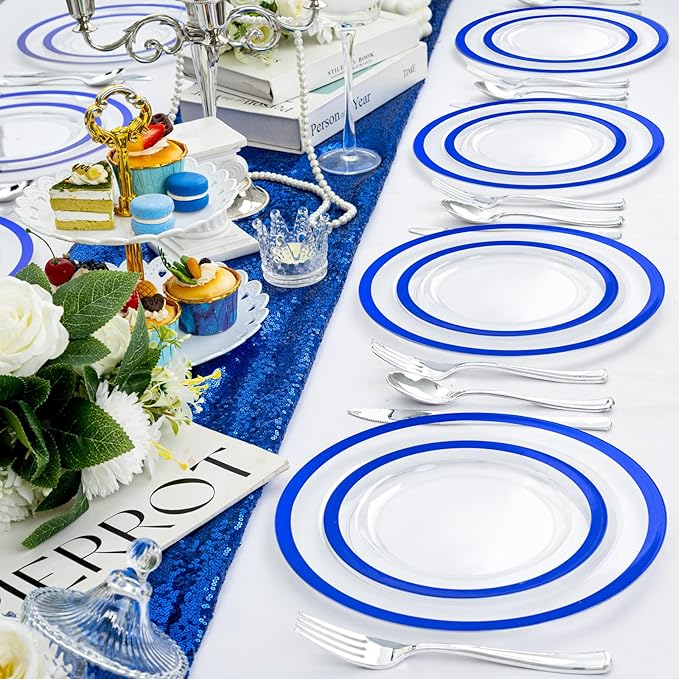 U-QE 200pcs Royal Blue Plastic Plates - Clear Disposable Plates Heavy Duty - Includes 100 10" Dinner & 100 7" Dessert Plates for Party, Birthday