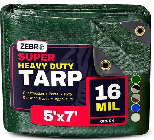 5' x 7' Green Heavy Duty Tarp with Grommets Reinforced - 16 Mil Thick - Double Sided Plastic Tarps Waterproof - Large Tarpaulin Cover for Outdoor Camping Over/Under Tent Tarp RV Roof Rain - Zebro