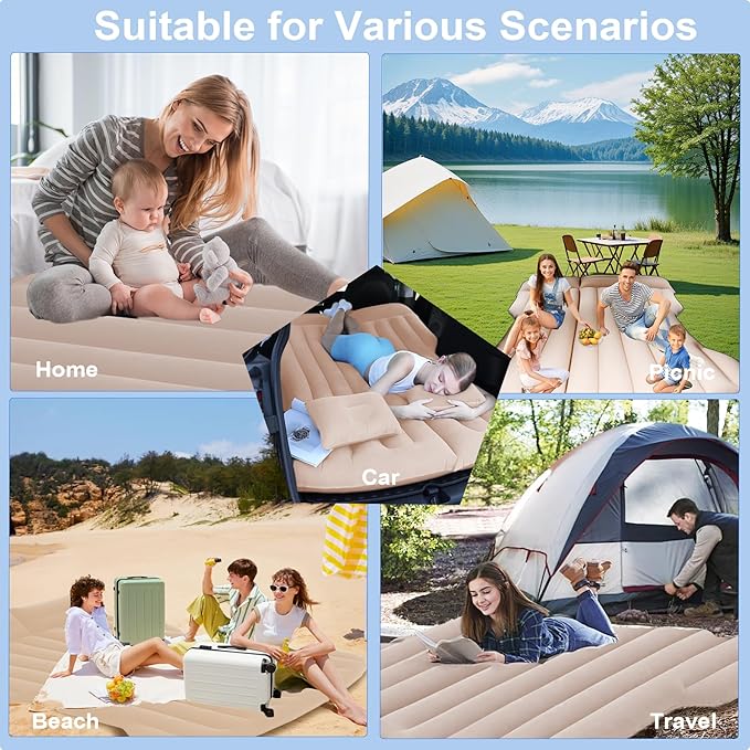Car Air Mattress for Tesla Model Y, Inflatable SUV Mattress Camping Bed fit Cars RV Van Truck Backseat Trunk, Foldable Portable Bed Sleeping Pad Tent Mat for Car Home Camping Travel (Beige)
