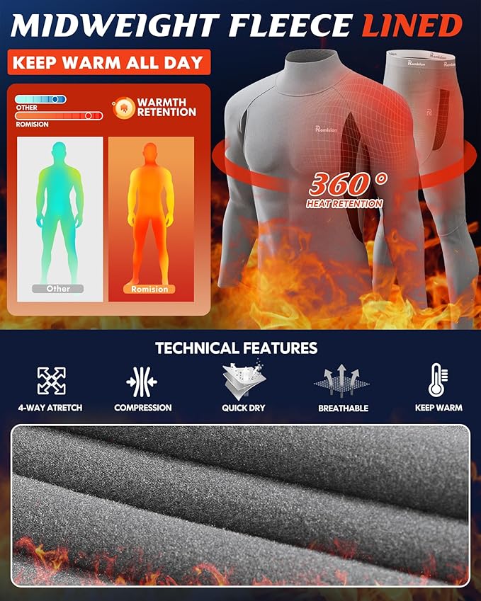 romision 2 Pack Thermal Underwear for Men Long Johns Fleece Lined Hunting Gear Bottom Top Set Base Layer Cold Weather XS-4XL
