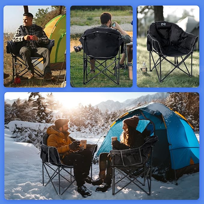 2 Pack Oversized Heated Camping Chair, 3 Heating Levels Soft Padded Camp Chairs with Pillow and Storage Bag, Portable Folding Outdoor Heated Moon Chair for Lawn Patio Beach and Picnics, Black