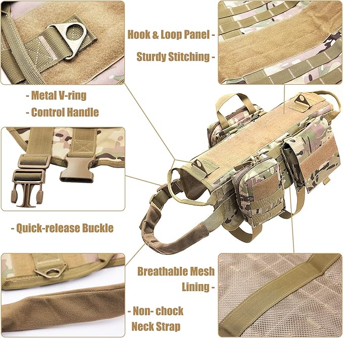 AIWAI Tactical Dog Harness with Pouches,Dog Vest Harness for Large Medium Dogs No-Pull Adjustable Military Dog Harness with Handle Walking Hiking Training (Camouflage, S)