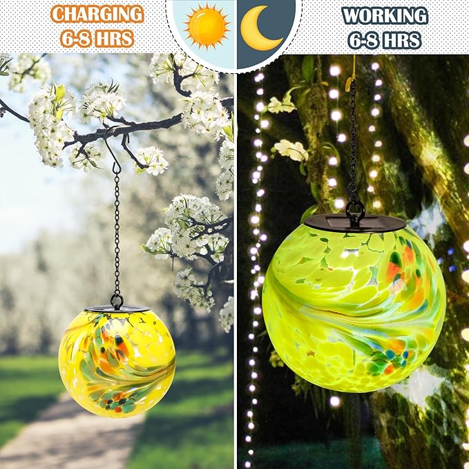 Solar Hanging Lanterns Outdoor Solar Glaze Glass Lantern Gazing Ball Globe Hanging Outdoor Lights for Garden Yard Home Decoration Yellow