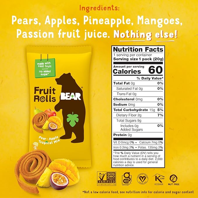 BEAR Real Fruit Snack Rolls - Gluten Free, Vegan, and Non-GMO - Tropical – 36 Rolls, Healthy School And Lunch Snacks For Kids And Adults, 0.7 Ounce (Pack of 18)