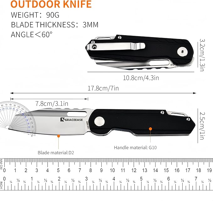 Folding pocket knife, 3.34-inch D2 steel blade, carbon fiber handle EDC knife, with pocket clip, suitable for daily carrying, camping, hiking, fishing for men and women A-80003-1 (Black)