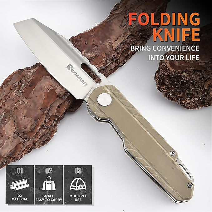Folding Pocket Knife, 3.34 "D2 Steel BladeBlade G10 Non slip Handle Suitable for Daily Carrying Camping, Hiking, Fishing A-80003-2 (Khaki)