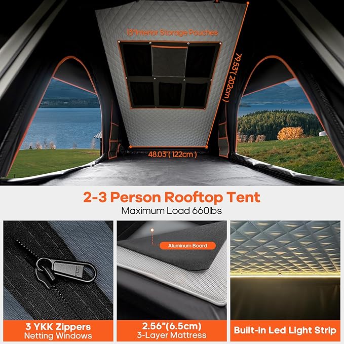 Adventurer Pro Rooftop Tent Hard Shell with USB Outlet, Side Awning, Replaceable Rain Fly&Luggage Racks for 4 Season Camping, Aluminum Pop Up 2-3 Person Roof Top Tent for Truck Jeep SUV Van Trailer
