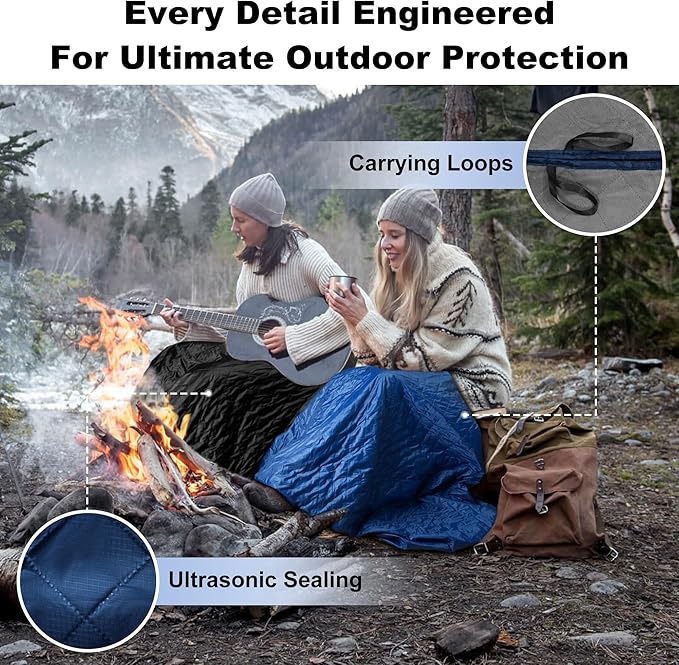 Waterproof Outdoor Blanket 82”X 55” Packable, Stadium Blankets for Camping with Quilted Fleece Lining, Large Windproof Emergency Throw Mat for Garss Picnic Hiking Road Trip, Machine Washable, Navy