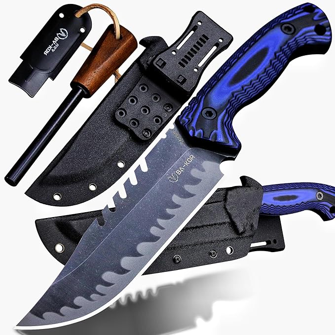 BA-KOR 12.4in Full Tang Fixed Blade Hunting Knife โ 6mm 9CR18MoV Steel, G10 Handle, Stonewashed Sawback Blade with Kydex Sheath & Fire Starter for Outdoor, Camping, Survival (Blue and black stripes)