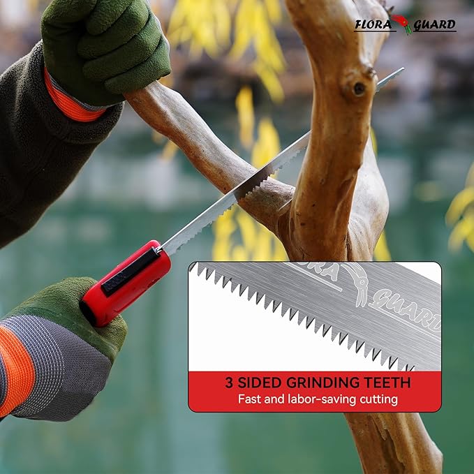 FLORA GUARD 12-Inch Folding Saw, Heavy Duty Hand Saw with Multi-Level Razer Teeth for Wood Cutting, Bushcraft and Gardening, Tree Trimming Camping Gardening Tools (Red-12")