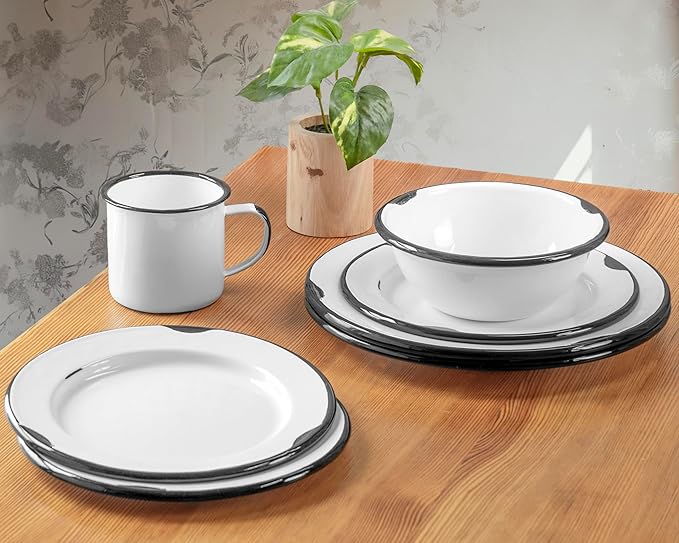 Red Co. 16-Piece Enamelware Metal Dinnerware Set for 4, Distressed White/Black Rim