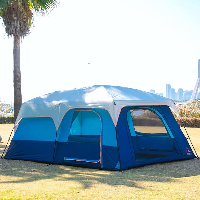 KTT Extra Large Tent 6-10-12-14 Person(A),Family Cabin Tents,2 Rooms,3 Doors and 3 Windows with Mesh,Straight Wall,Waterproof,Double Layer,Big Tent for Outdoor,Picnic,Camping,Family Gathering