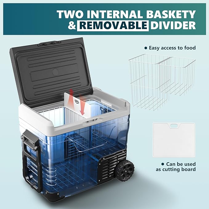 EUHOMY 12 Volt Refrigerator, 53QT(50L) Electric Cooler, Portable Freezer 12V/24V DC 100-240V AC, 12V Fridge -4℉~68℉, 12V Cooler with Wheels & 2 Baskets for Travel, Truck, Boat, Camping