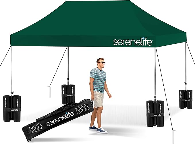 SereneLife SLGZ15FG Pop Commercial Instant Shelter-Waterproof Polyester Tent with Portable Wheeled Carry Sand Bag, 10 x 15 ft. (Forest Green), 10x15