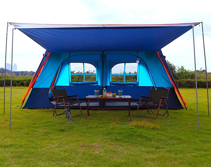KTT Extra Large Tent 12 Person(A),Awning Family Cabin Tents,2 Rooms,3 Doors and 3 Windows with Mesh,Straight Wall,Waterproof,Double Layer,Big Tent for Outdoor,Picnic,Camping,Family Gathering。