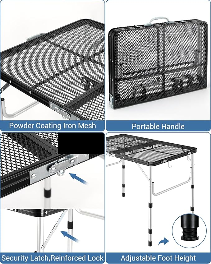 Sportneer Folding Table, 3 Heights Camping Table with 2 Hooks, Lightweight & Compact Aluminum Portable Grill Table for BBQ, RV, Picnic, Outdoor, Camping, Cooking, 35.4'' L x23.6'' W Large Size