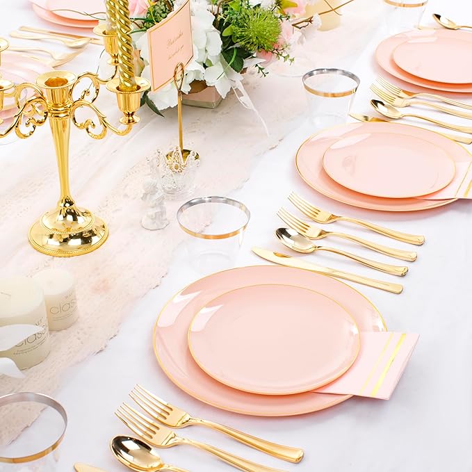 NOCCUR 350PCS Pink and Gold Plastic Plates - Pink Disposable Plastic Dinnerware Set for 50 Guests Include 50 Dinner Plates,50 Dessert Plates,150 Gold Cutlery,50 Cups&50 Napkins for Party&Wedding