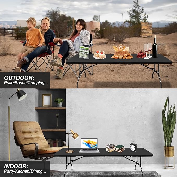 Portable Plastic Folding Table 4ft/6ft/8ft Heavy Duty White Black Picnic Dining Table Fold-in-Half for Camp Party Kitchen Indoor Outdoor