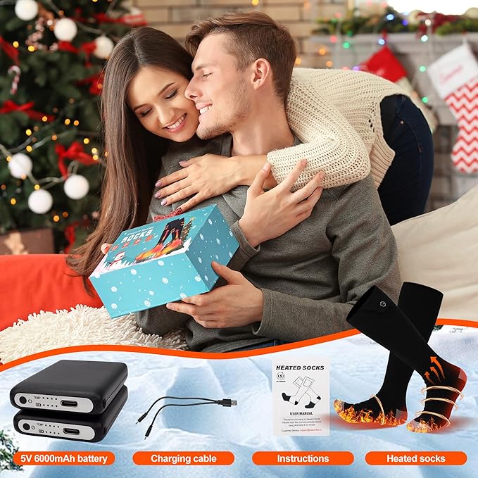 Electric Heated Socks for Men Women with 5V 6000mah Battery Foot Warmer 360° Toe Heating Electric Socks with 4 Levels Heat Settings Suitable for Outdoor Skiing, Winter Camping, Hiking