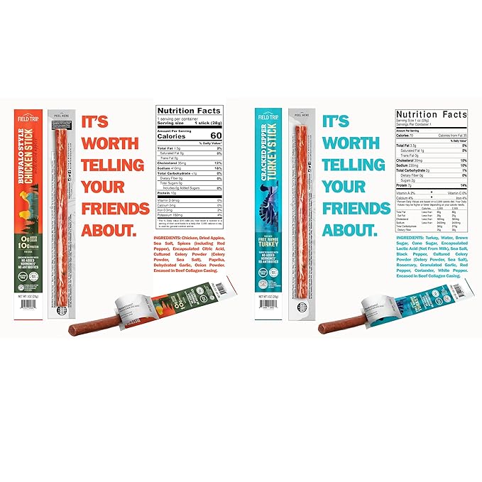 Field Trip Grass Fed and Free Range Variety Jerky Snack Sticks, Keto, Paleo, Gluten Free, Allergy Friendly Snack, High Protein, 90 and 100 Calorie Snack, 1oz, 10 Pack