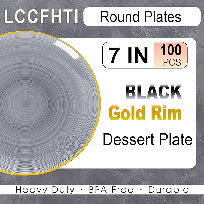 100 Piece Black Gold Plastic Plates, Disposable Heavy Duty Dessert Plates with Gold Rim, 7 in Round Salad Plates for Wedding Party