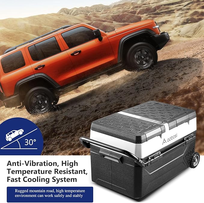 AAOBOSI 12 Volt Car Refrigerator, 45Qt (42L) Portable Car Fridge Freezer Electric Cooler Dual Zone Extension Handle, -4℉~68℉ 12/24V DC and 110-240V AC, Mini Fridge for Camping, Travel, Truck, RV
