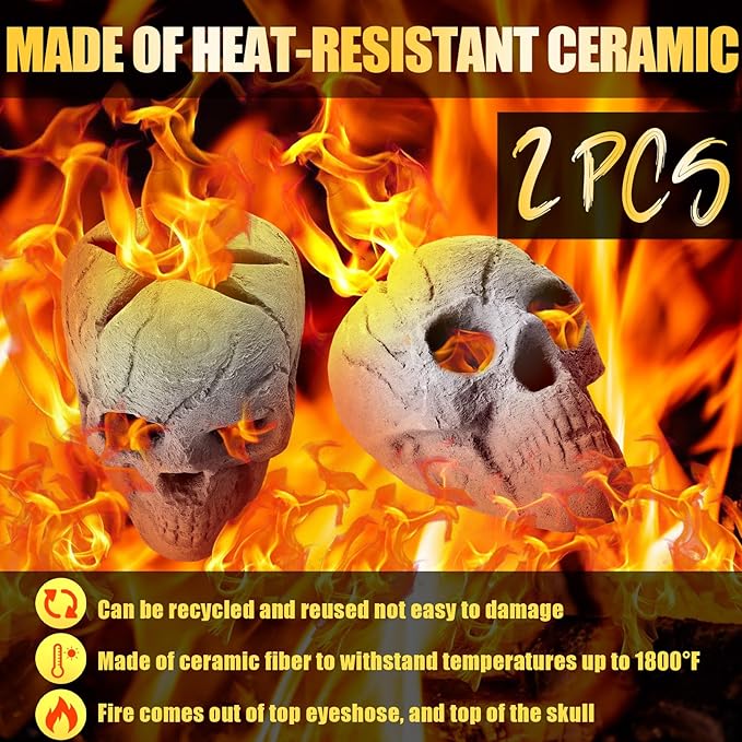 2 Pack Fire Pit Skulls 8.7 Inch Halloween Imitated Human Ceramic Firepit Head Fireproof Skulls Bonfire Accessories Fake Logs Halloween Decor for Gas Campfire Fireplace Wood Fires (Gray)