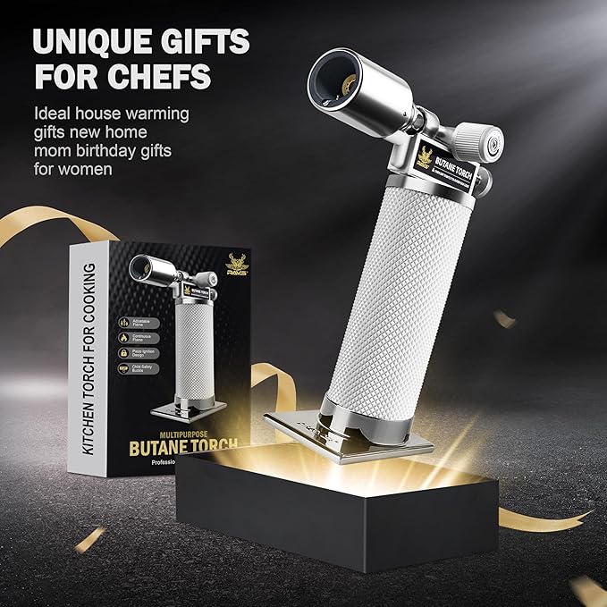 RAVS Butane Torch Lighter, Refillable Cooking Torch with Safety Lock and Adjustable Flame, Creme Brulee Torch for Baking, BBQ, White Mini Torch for Cooking, Gifts for Women, Butane Gas Not Included