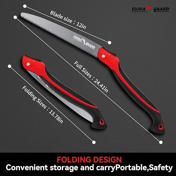 FLORA GUARD 12-Inch Folding Saw, Heavy Duty Hand Saw with Multi-Level Razer Teeth for Wood Cutting, Bushcraft and Gardening, Tree Trimming Camping Gardening Tools (Red-12")