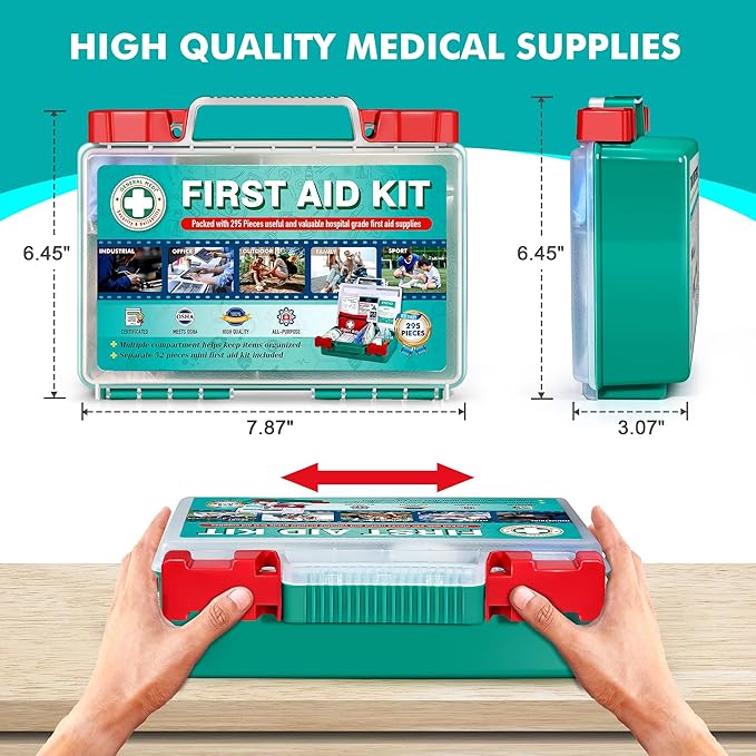 General Medi 295 Pieces Professional First Aid Kit - HardCase First Aid Box - Contains Premium Medical Supplies for Travel, Home, Office, Vehicle, Camping, Workplace & Outdoor