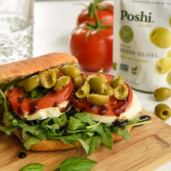Poshi Green Olives On-The-Go - Original Flavor - Single Serve Pitted Olives - Convenient and Healthy Snack Packs - All Natural, Non-GMO, Kosher, Gluten-Free - 1.1 Oz Bags (30/Pack)