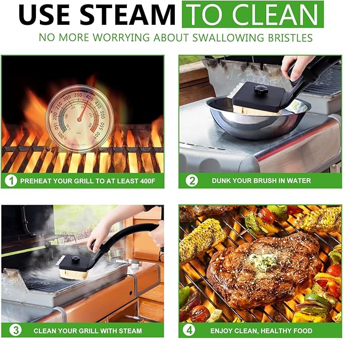 1+2PCS Bristle Free Grill Brush Non Metal Bristles for Outdoor Grill, Upgraded Safe No Wire Steam Brush with Scraper Replaceable Head, BBQ Sponge Grilling Cleaner for Dad