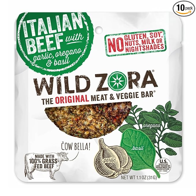 Wild Zora Meat and Veggie Bars, Italian Beef, 10-Pack, 100% Grass Fed Meat, Healthy Paleo Snacks with Veggies, Gluten Free, Soy-Free, High Protein, No Added Sweetener, Garlic, Oregano, Basil