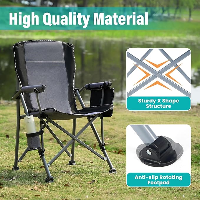 Folding Camping Chair Heavy Duty Portable Outdoor Chairs Supports 330lbs Collapsible Foldable Chair for Outside with Cup Holder&Carry Bag, Folding Lawn Chair for Camp Beach Fishing Sports(Gray)