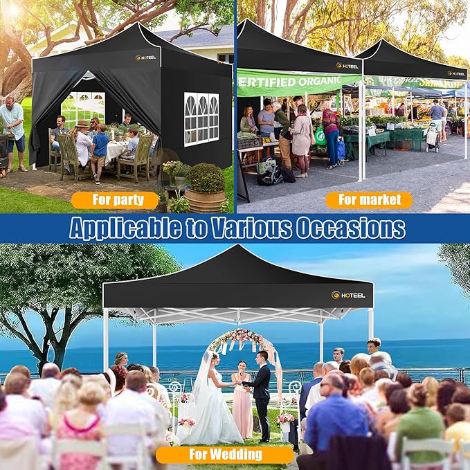 HOTEEL 10x10 Pop up Canopy Tent for Parties, Heavy Duty Easy Setup Tent with 4 Sidewalls, Outdoor Commercial Instant Gazebo for Wedding Event, with Portable Bag & Sand Bags, Black(Hexagonal Frame)