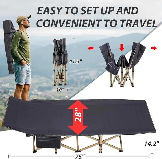 Folding Camping Cot for Sleeping, Portable Cots for Adults, Heavy Duty Cot Bed 550LBS(Max Load), Extra Wider Cots with Large Pocket for Outdoor, Office, Beach