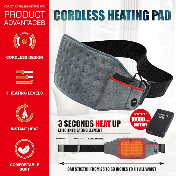 Vofuoti Cordless Heating Pad, Portable Heated Pad with Battery and 3 Heat Settings, Rechargeable Electric Heating Pads for Back, Abdomen, Gifts for Women Men