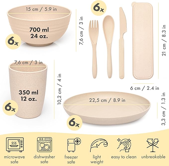 FOODLE Wheat Straw Dinnerware Set - BPA Free & Safety Certified - Unbreakable, Microwave & Dishwasher Safe Dishes - Picnic, Dorm, RV, Camping Plates Cups and Bowls - Great for Kids & Adults - For 6