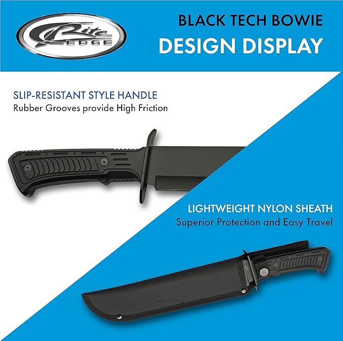 SZCO SUPPLIES 15-Inch Outdoor Survival Bowie Knife, Black Blade, Rubberized Handle, Nylon Sheath, Camping, Hunting, Tactical Use