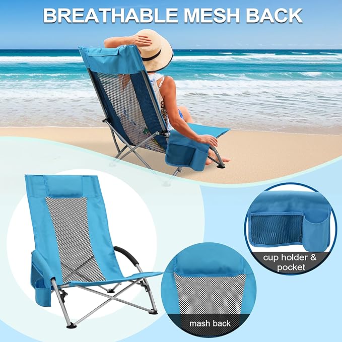 BESTHLS Low Beach Chairs for Adults 2 Pack, High Back Folding Sand Chairs for Beach, with Cup Holder & Carry Bag Lightweight and Portable for Outdoor, Camping, Lawn, Music Festival