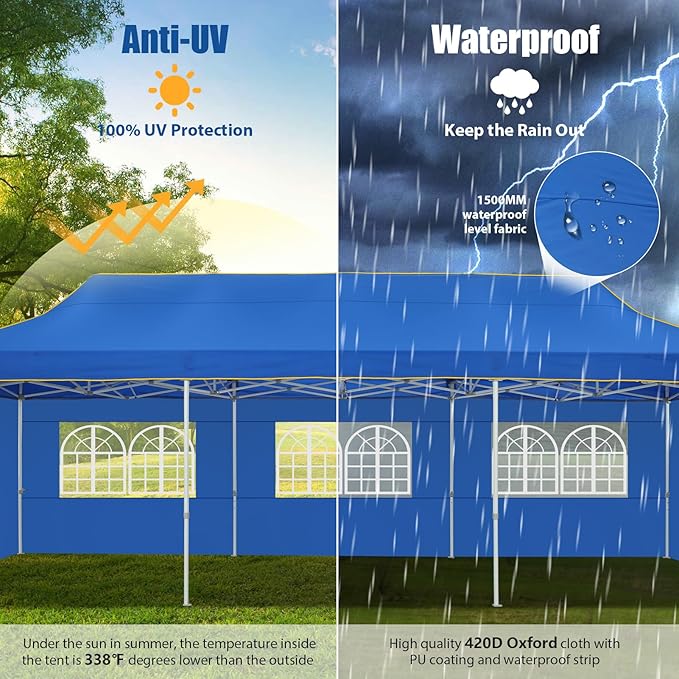 HOTEEL 10x30 Pop up Canopy Tent for Parties, Heavy Duty Easy Setup Tent with 5 Sidewalls, Outdoor Commercial Instant Gazebo for Wedding Event, with Roller Bag & Sand Bags, Blue(Hexagonal Frame)